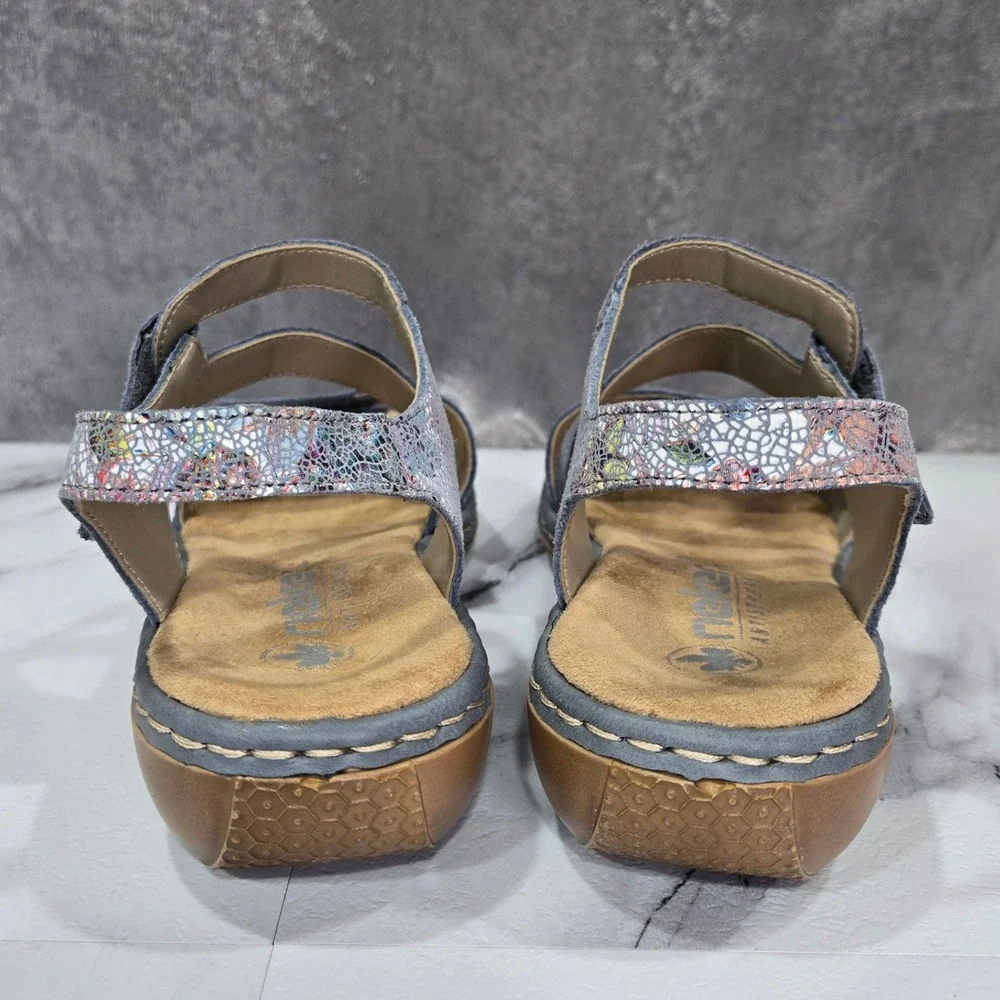 Rieker Antistress Regina C7 Floral Metallic Leather Sandals Womens 38 US 7.5